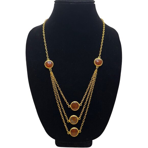 Three-Tiered Gold Tone Necklace With Amber Stone Accents 30 Inches Long Statemen - Picture 1 of 6